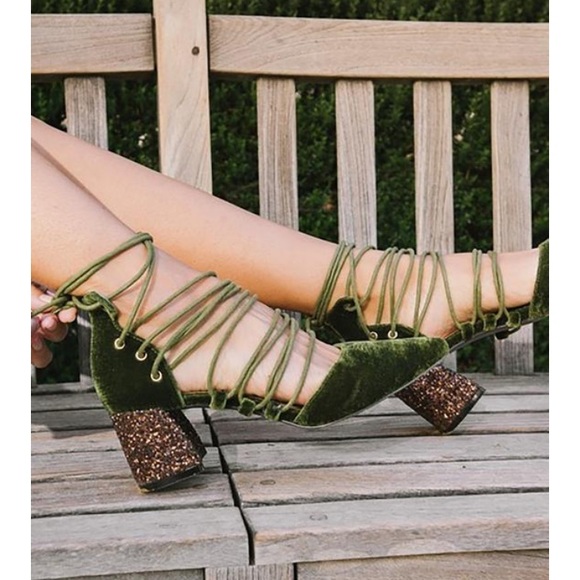 Wild Luxe Shoes - Wild Luxe Green Velvet Heels with Glitter Block Heel